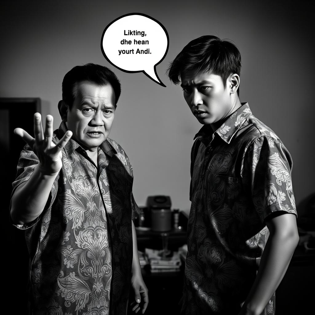 A dramatic black and white image depicting a tense confrontation between Pak Herman and Andi
