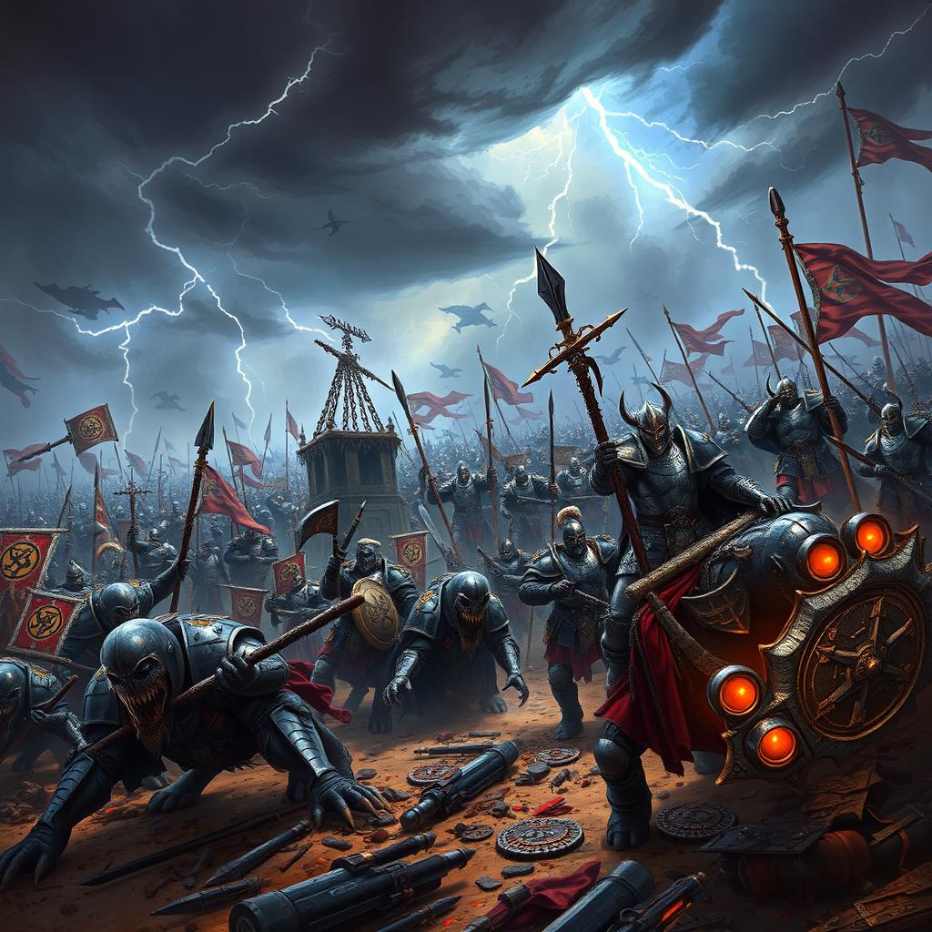 An epic Warhammer battle scene depicting a chaotic clash between a horde of Chaos Warriors and a valiant army of Empire soldiers