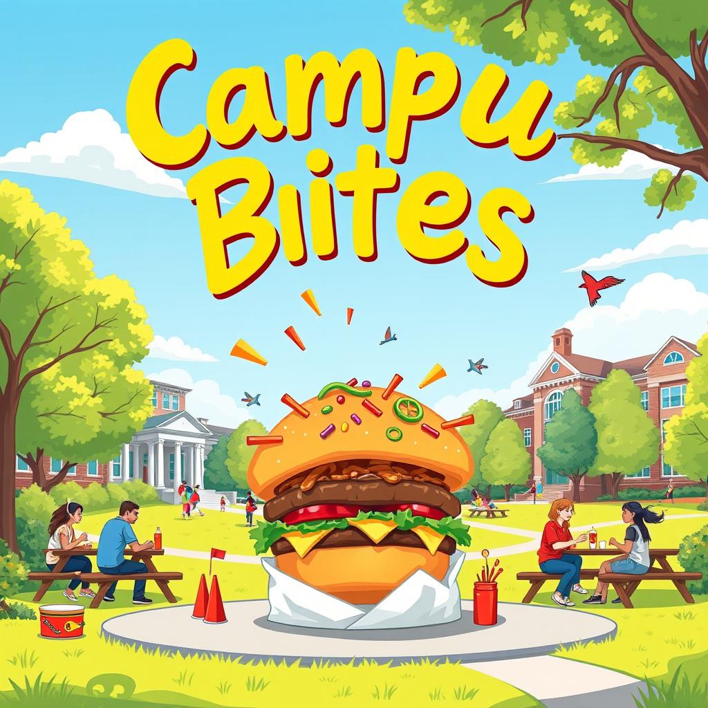 A vibrant and captivating 2x3 illustration titled 'Campus Bites', featuring a single, oversized snack item, like a giant burger bursting with colorful toppings, surrounded by playful design elements