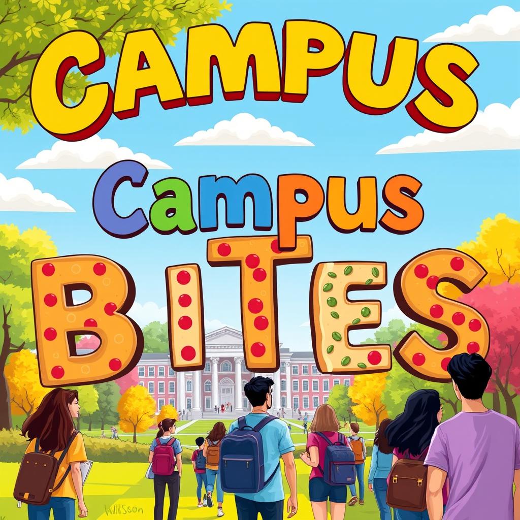 A vibrant and engaging 2x3 illustration named 'Campus Bites', featuring the title in bold, colorful letters that are designed to look like various campus snacks