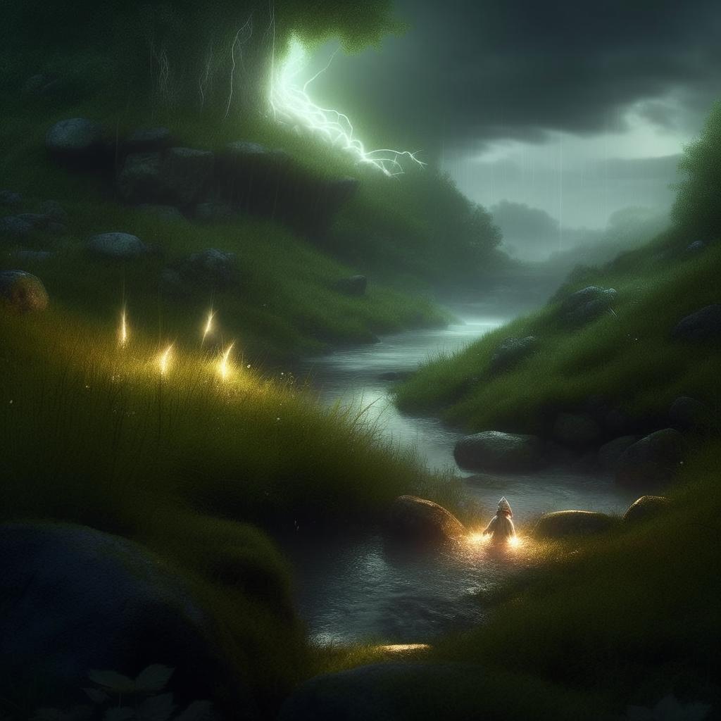 A hyper-realistic tranquil scene of a mystical hill; a mythical creature subtly hides. Sparkling lightning gently illuminate a gnome drinking from the peaceful river under soft rainfall, surrounded by lush greenery and mist.