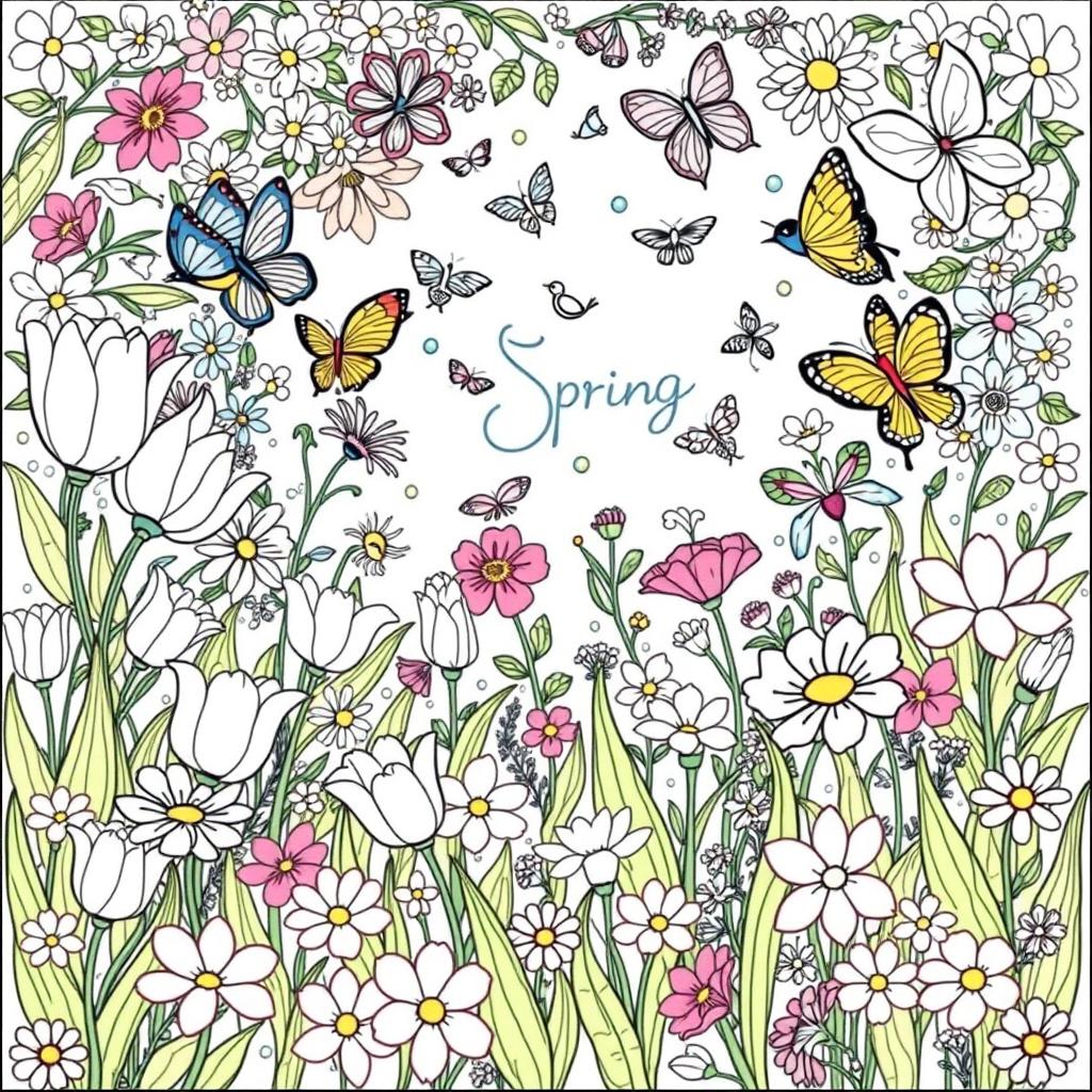 A beautiful and intricate spring-themed coloring book page featuring blooming flowers, butterflies, and birds in a lively garden scene