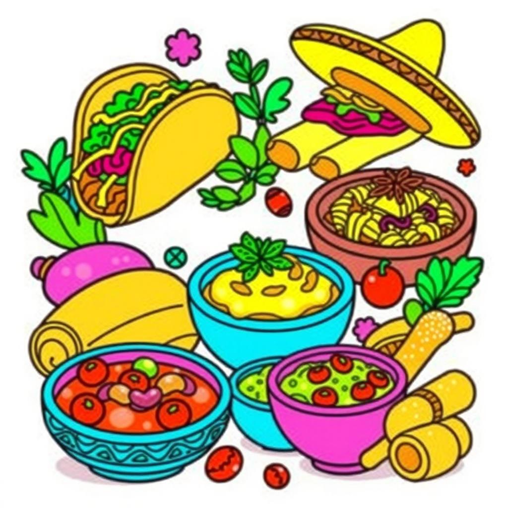 A fun and vibrant Mexican food coloring book page featuring a variety of traditional dishes