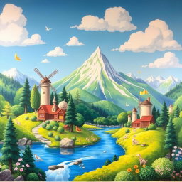 A vibrant mural inspired by Studio Ghibli, featuring whimsical landscapes showcasing lush green forests, serene lakes, and majestic mountains