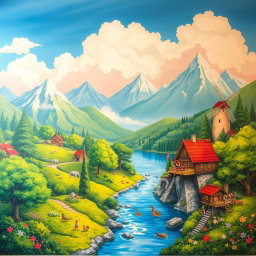 A vibrant mural inspired by Studio Ghibli, featuring whimsical landscapes showcasing lush green forests, serene lakes, and majestic mountains