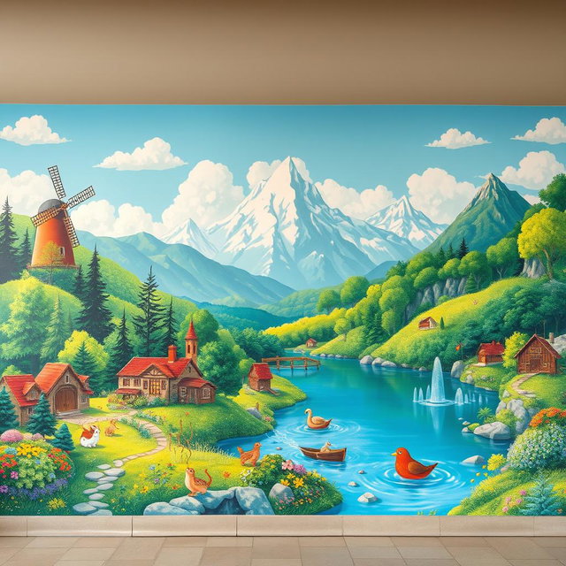 A vibrant mural inspired by Studio Ghibli, featuring whimsical landscapes showcasing lush green forests, serene lakes, and majestic mountains
