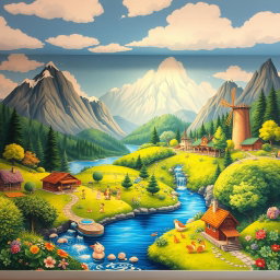 A vibrant mural inspired by Studio Ghibli, featuring whimsical landscapes showcasing lush green forests, serene lakes, and majestic mountains