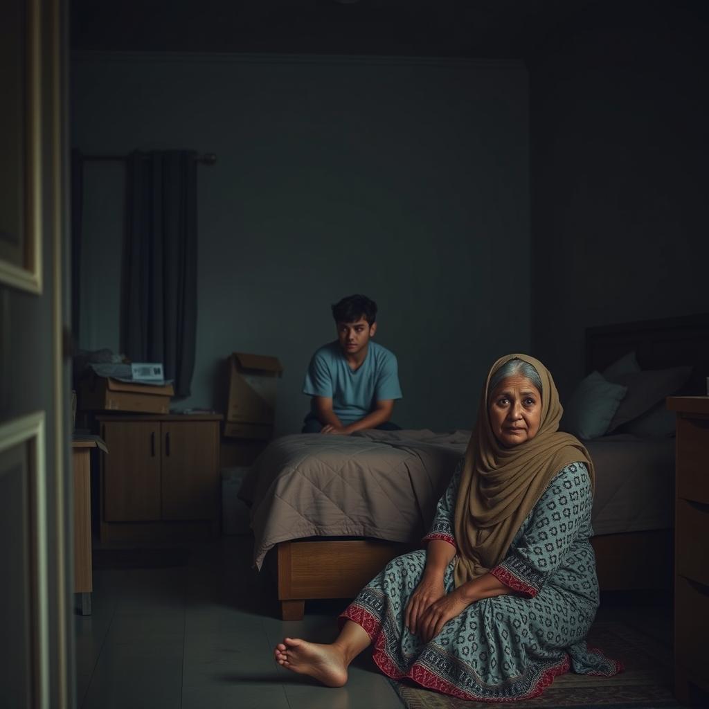 A poignant scene set in a dimly lit bedroom, where Aldi, a young man in his twenties, sits on the edge of his bed looking troubled and lost in thought