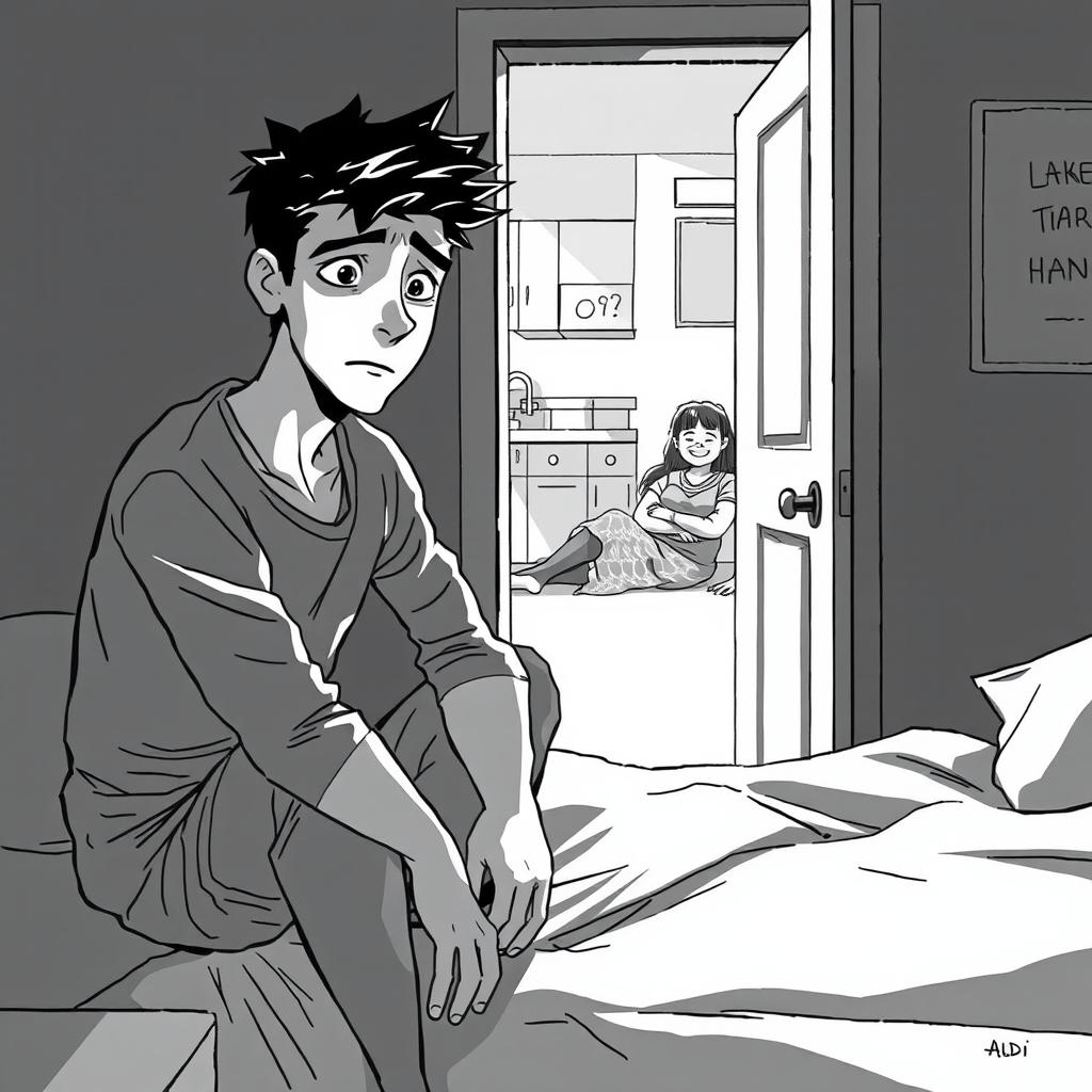A powerful black and white illustration capturing a tense moment in a small, dimly lit bedroom