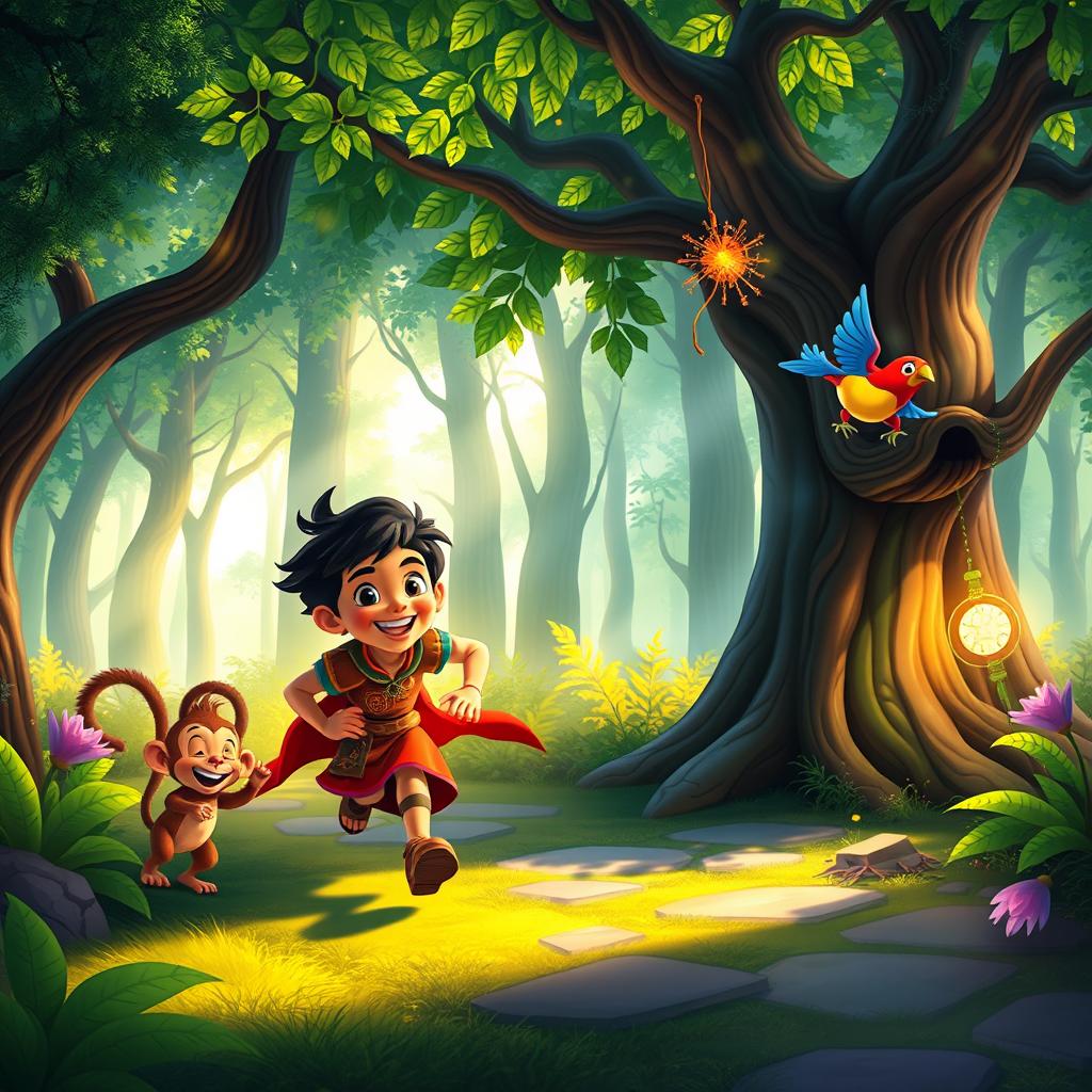 In a vibrant, magical forest, Kuzco, a young and adventurous character, is depicted rushing out of his majestic palace and eagerly heading towards the enchanted woods