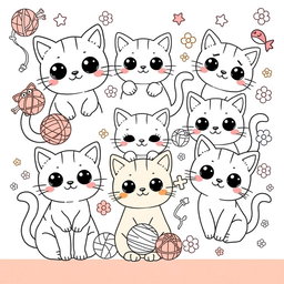 A whimsical and adorable kawaii cats coloring book page, featuring a variety of cute and playful cats in different poses and expressions