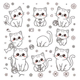 A whimsical and adorable kawaii cats coloring book page, featuring a variety of cute and playful cats in different poses and expressions