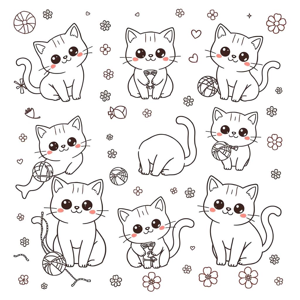 A whimsical and adorable kawaii cats coloring book page, featuring a variety of cute and playful cats in different poses and expressions