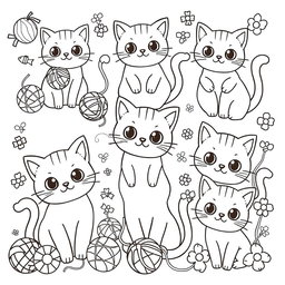 A whimsical and adorable kawaii cats coloring book page, featuring a variety of cute and playful cats in different poses and expressions