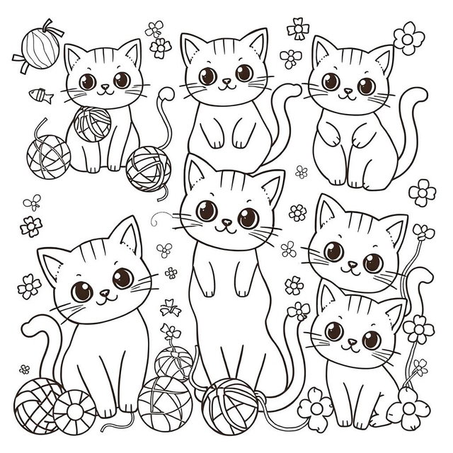 A whimsical and adorable kawaii cats coloring book page, featuring a variety of cute and playful cats in different poses and expressions