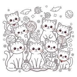 A whimsical and adorable kawaii cats coloring book page, featuring a variety of cute and playful cats in different poses and expressions