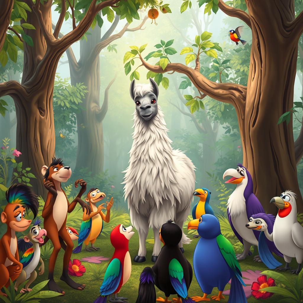 In a magical forest, Kuzco, a whimsical character, is exploring the vibrant surroundings