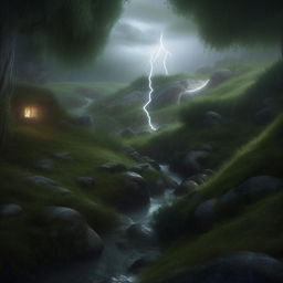 A hyper-realistic tranquil scene of a mystical hill; a mythical creature subtly hides. Sparkling lightning gently illuminate a gnome drinking from the peaceful river under soft rainfall, surrounded by lush greenery and mist.