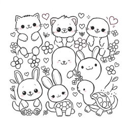 A delightful, Kawaii-themed coloring book page featuring a variety of adorable animals
