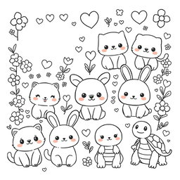 A delightful, Kawaii-themed coloring book page featuring a variety of adorable animals