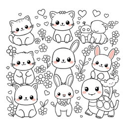 A delightful, Kawaii-themed coloring book page featuring a variety of adorable animals