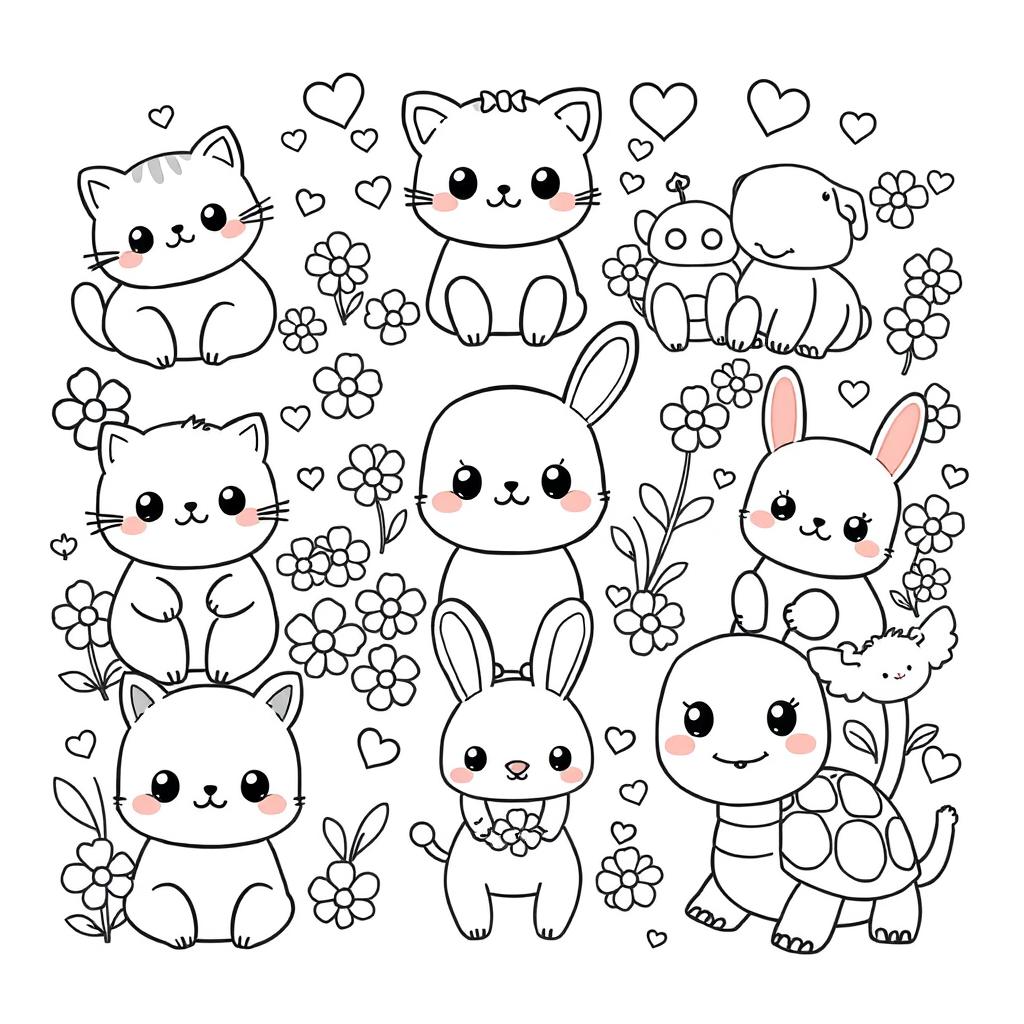 A delightful, Kawaii-themed coloring book page featuring a variety of adorable animals