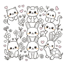 A delightful, Kawaii-themed coloring book page featuring a variety of adorable animals