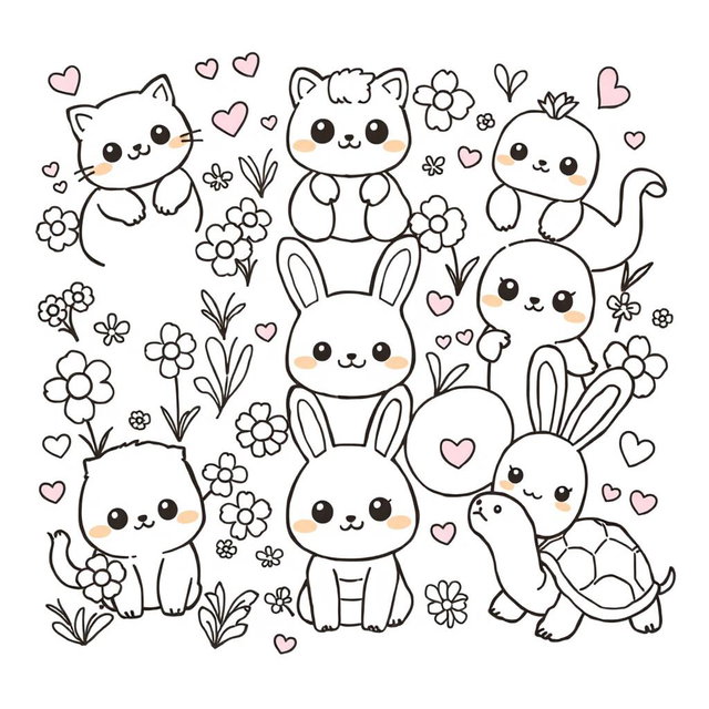 A delightful, Kawaii-themed coloring book page featuring a variety of adorable animals