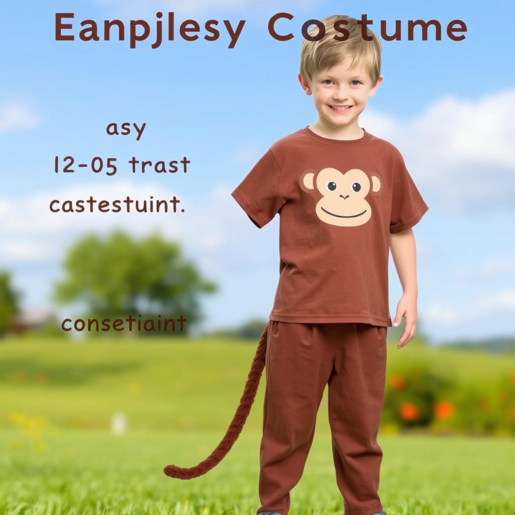 A simple monkey costume designed for children aged 12 to 13 years, featuring a brown t-shirt and brown pants with a tail