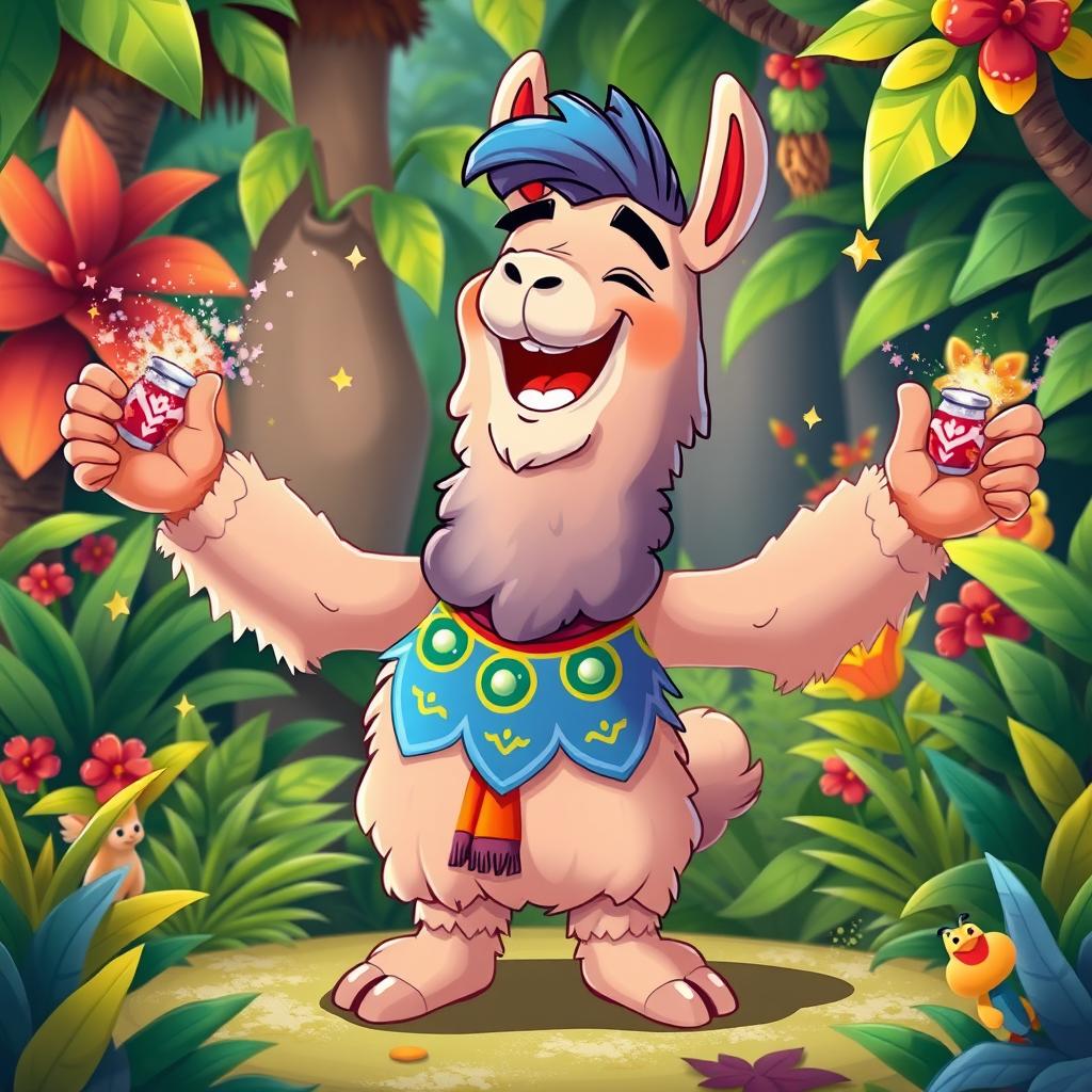 A vibrant and whimsical scene featuring a colorful cartoonish character inspired by Kuzco, who is in the process of transforming into a llama