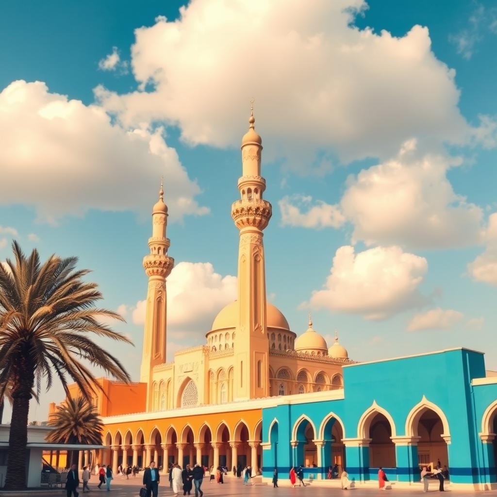 A stunning daytime scene of Madina, featuring the magnificent Prophet's Mosque with its grand minarets and intricate architecture