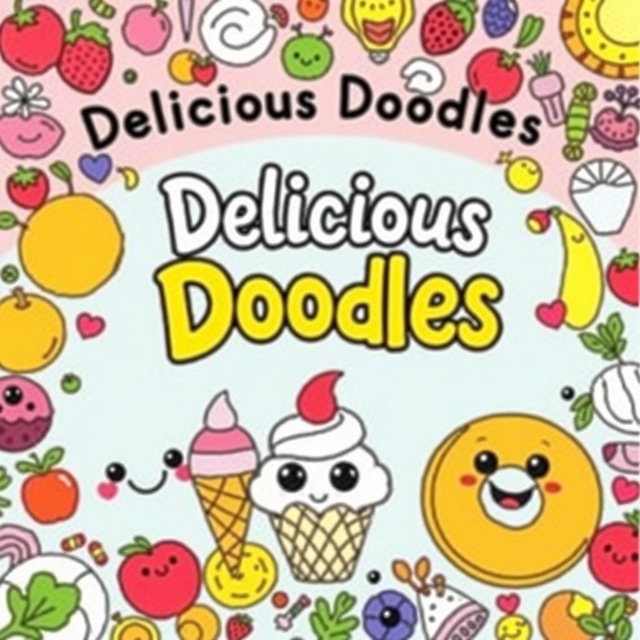 A charming and whimsical front cover for a food coloring book, featuring various cute and playful food characters