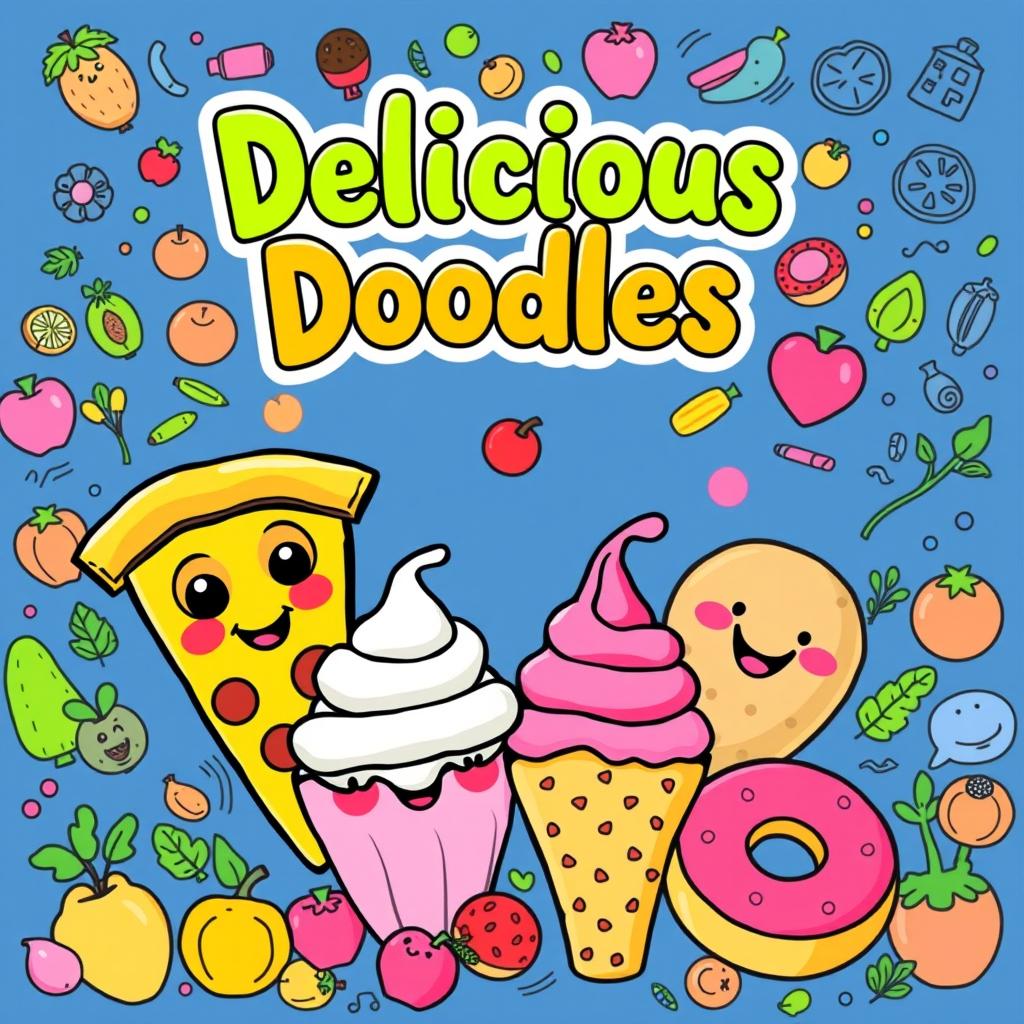 A charming and whimsical front cover for a food coloring book, featuring various cute and playful food characters