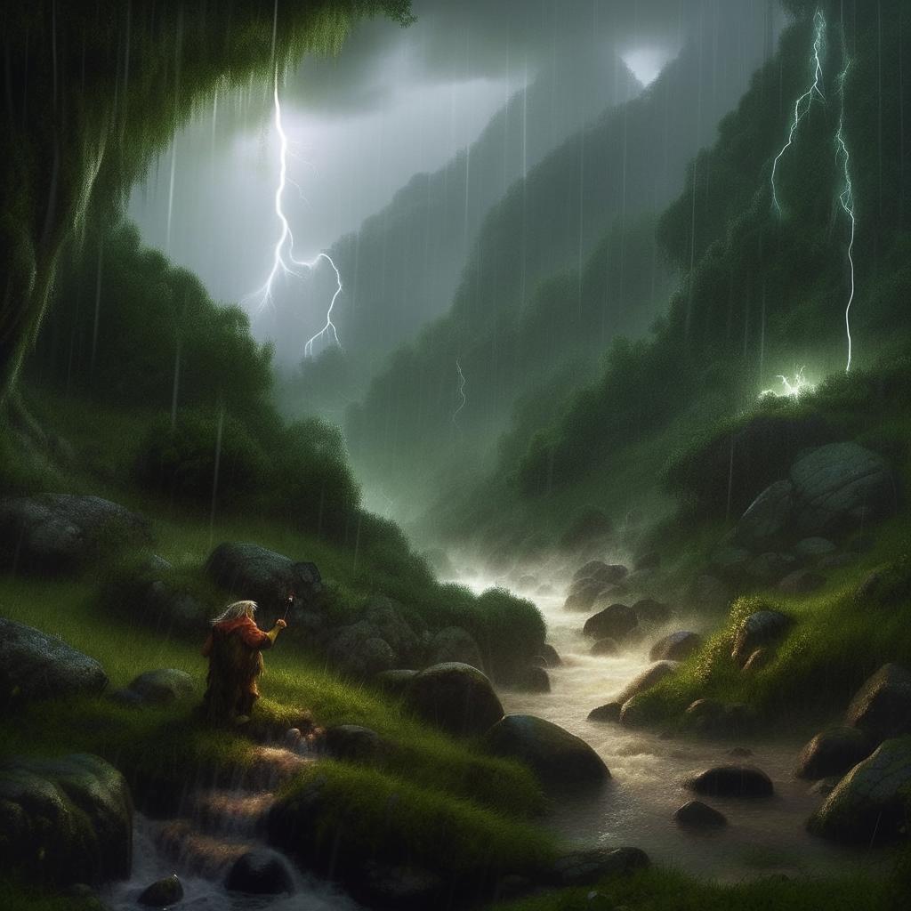 Envision a hyper-realistic scene during a formidable rainstorm on a mystical hill. Gentle flashes of lightning reveal a mythical creature hiding and a gnome drinking from the swollen river, all amidst the curtain of torrential rain and lush greenery.