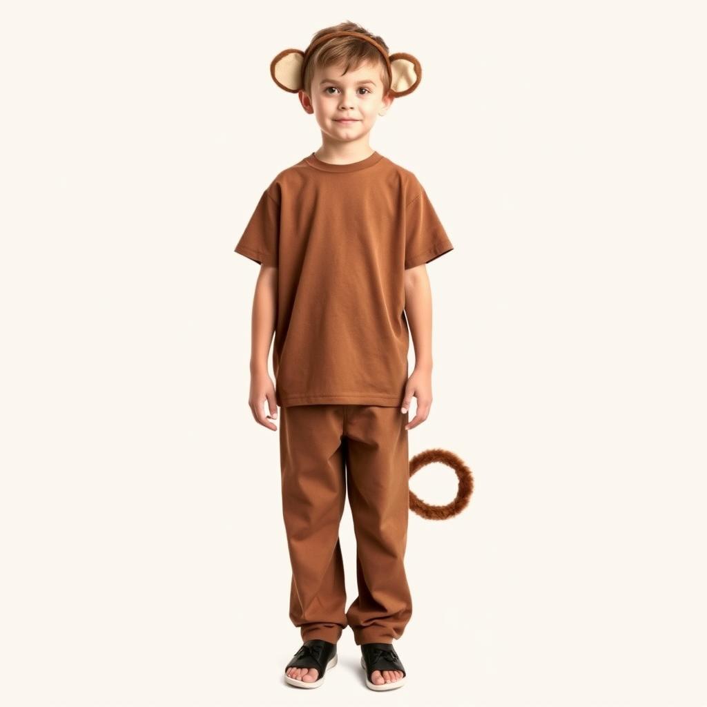 A simple monkey costume designed for boys aged 12 to 13, featuring a plain brown t-shirt and plain brown pants