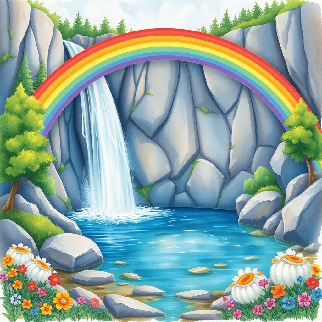A vibrant rainbow arching over a majestic waterfall, cascading down rocky cliffs into a crystal-clear pond below