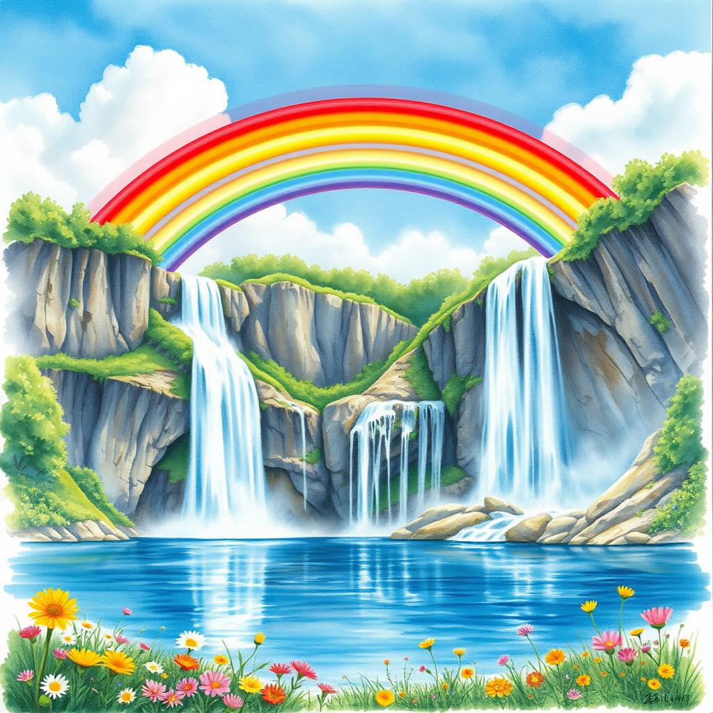 A stunning watercolor painting featuring a vibrant rainbow arching over a majestic waterfall