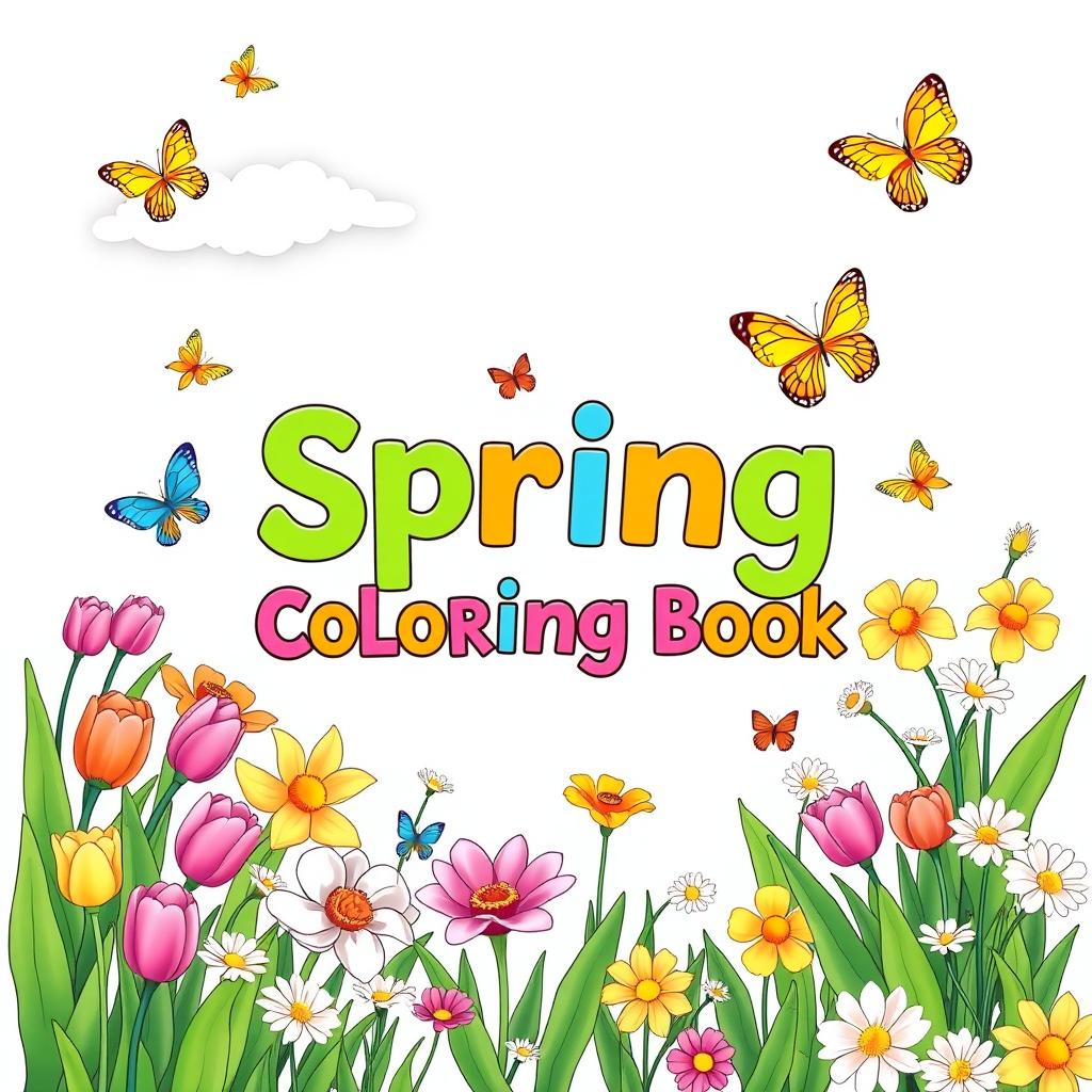 A vibrant and cheerful front cover design for a spring-themed coloring book, featuring a variety of spring flowers in full bloom, like tulips, daffodils, and daisies, surrounded by green leaves and butterflies fluttering around