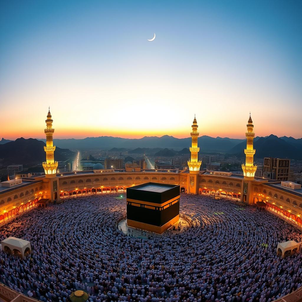 A stunning panoramic view of the holy city of Makkah at dusk, showcasing the majestic Kaaba surrounded by thousands of worshippers in traditional attire, illuminated by soft golden lights