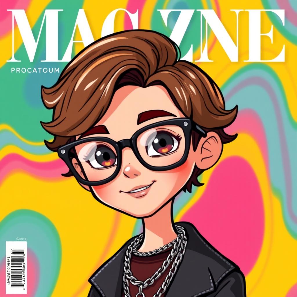 A cartoon character with short, wavy brown hair wearing sleek black glasses