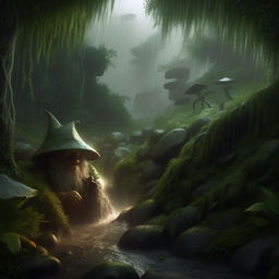 Envision a hyper-realistic scene during a formidable rainstorm on a mystical hill. Gentle flashes of lightning reveal a mythical creature hiding and a gnome drinking from the swollen river, all amidst the curtain of torrential rain and lush greenery.