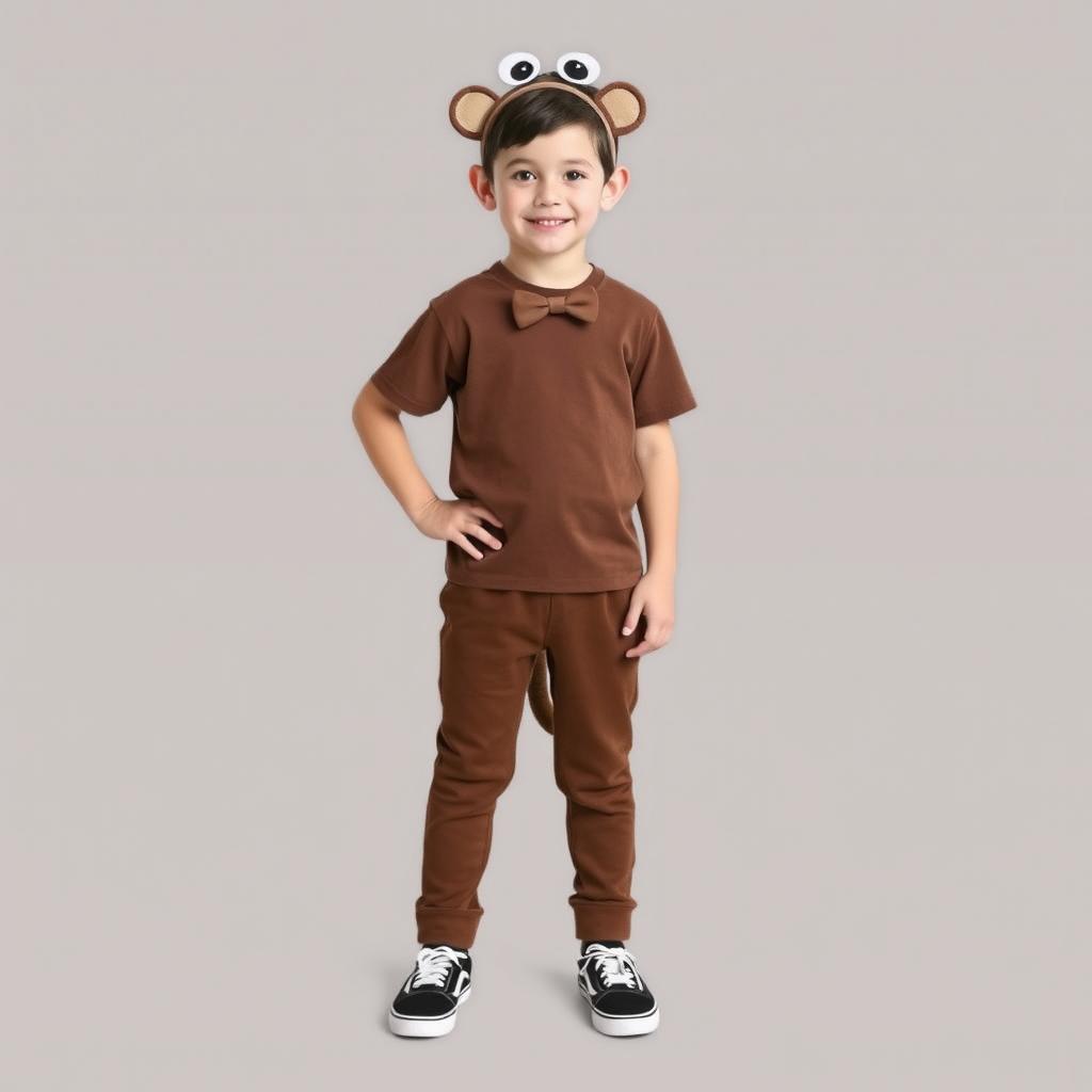 A simple monkey costume designed for children aged 12 to 13, featuring a solid brown t-shirt and solid brown pants