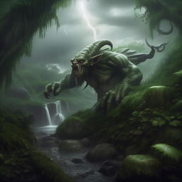 Envision a hyper-realistic scene during a formidable rainstorm on a mystical hill. Gentle flashes of lightning reveal a mythical creature hiding and a gnome drinking from the swollen river, all amidst the curtain of torrential rain and lush greenery.