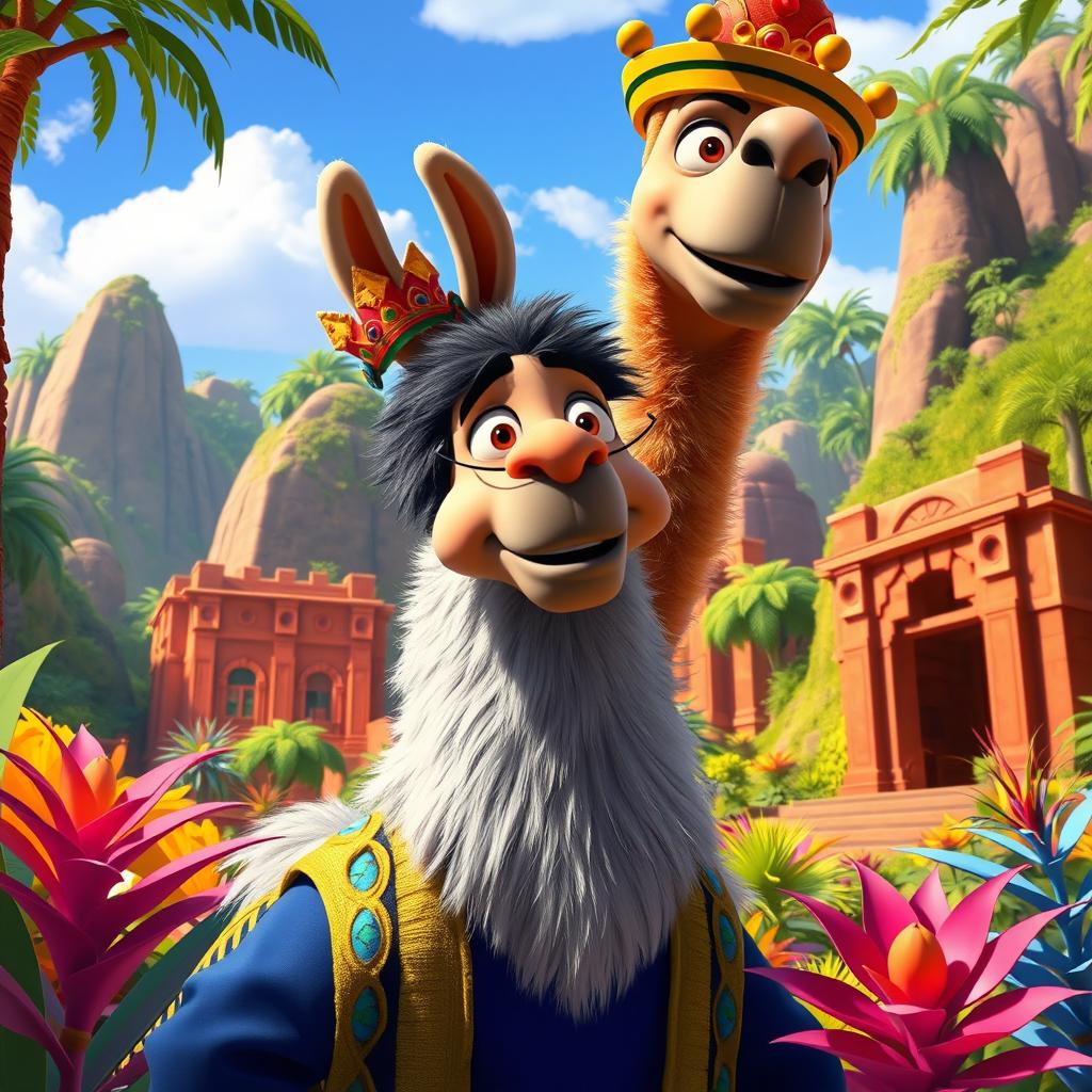A vibrant animated scene depicting the transformation of Emperor Kuzco into a llama from the animated film 'The Emperor's New Groove'