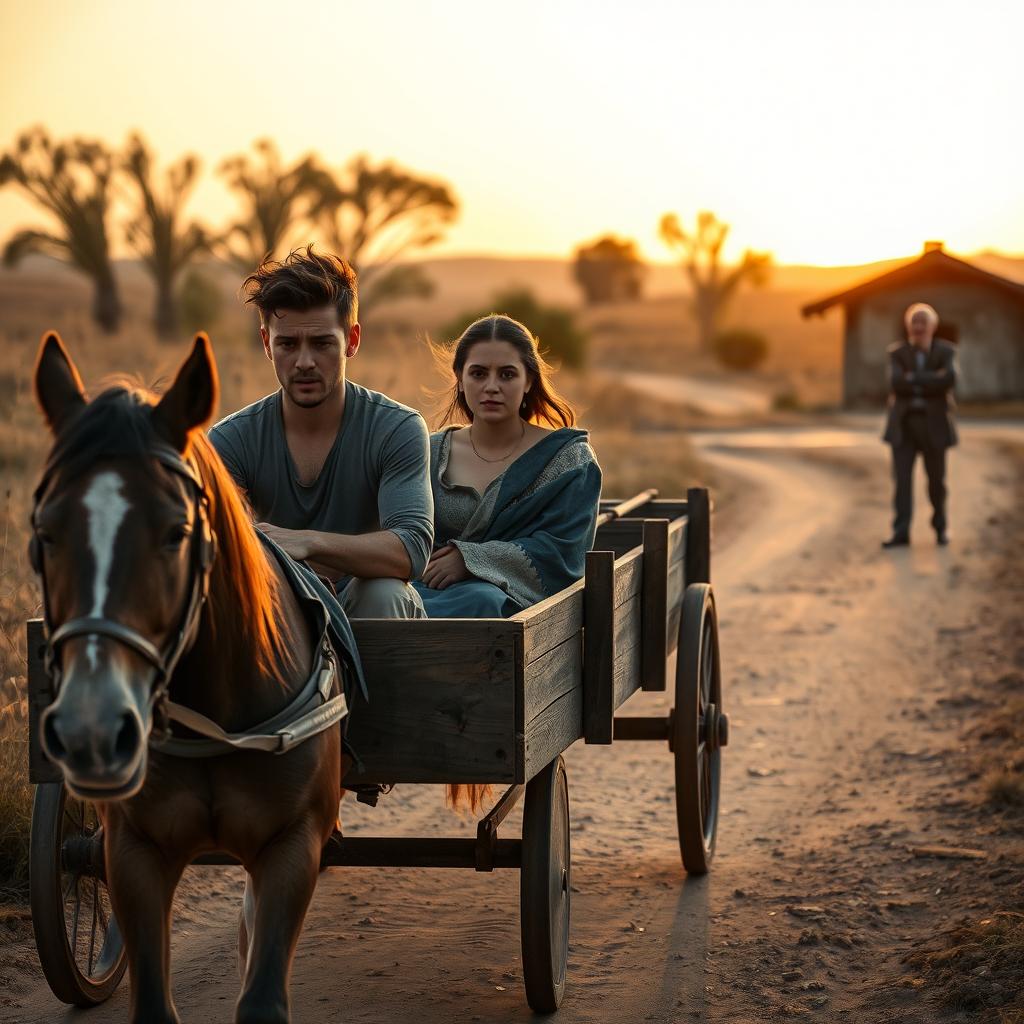 During golden hour, a sturdy wooden cart drawn by a horse moves along a dusty country road
