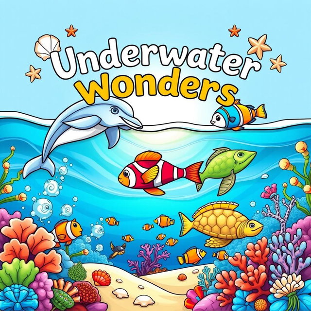 An enchanting front cover design for an ocean animals coloring book