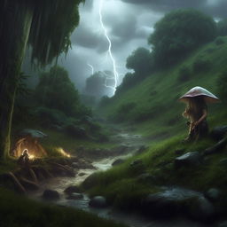 Envision a hyper-realistic scene during a formidable rainstorm on a mystical hill. Gentle flashes of lightning reveal a mythical creature hiding and a gnome drinking from the swollen river, all amidst the curtain of torrential rain and lush greenery.