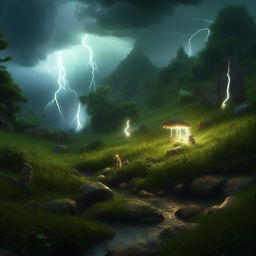 Bring to life an extraordinarily beautiful, hyper-realistic scene of a rainstorm on a mystical hill. Amidst the drama of nature, lightning subtly reveals a hidden creature and a gnome by the river, creating an ethereal beauty amidst the lush greenery.