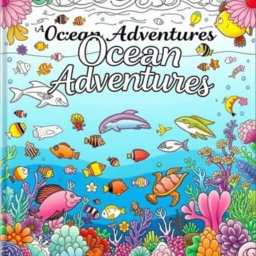A vibrant and imaginative front cover for an ocean-themed coloring book, featuring a whimsical underwater scene filled with a variety of sea creatures such as colorful fish, graceful dolphins, and playful sea turtles