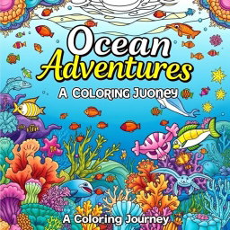 A vibrant and imaginative front cover for an ocean-themed coloring book, featuring a whimsical underwater scene filled with a variety of sea creatures such as colorful fish, graceful dolphins, and playful sea turtles
